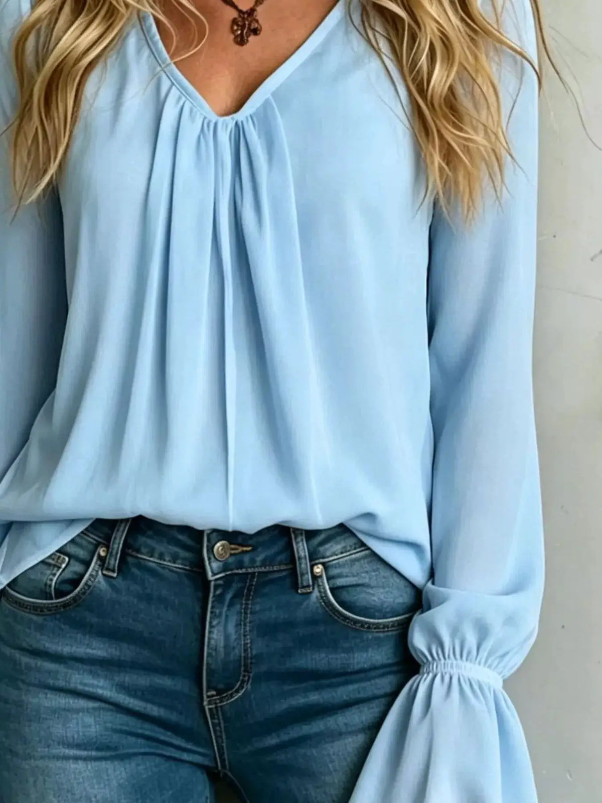 V-Neck Flounce Sleeve Blouse by Trendsi