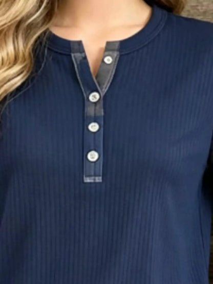 Full Size Ribbed Knit Henley T-Shirt with Plaid Contrast Sleeves Plus Size by Trendsi