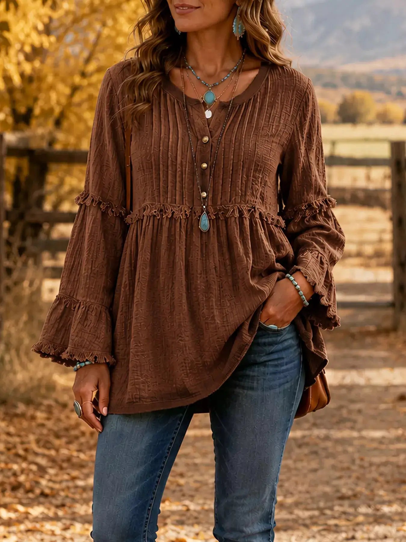 Full Size Frill Notched Long Sleeve Blouse Plus Size by Trendsi