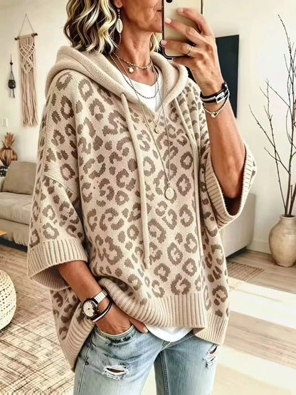 Drawstring Leopard Hooded Sweater by Trendsi