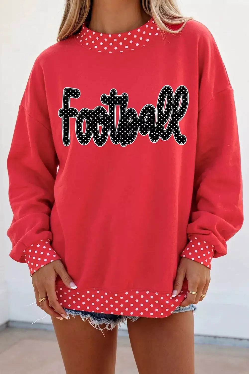 Polka Dot Trim Football Graphic Sweatshirt by Trendsi