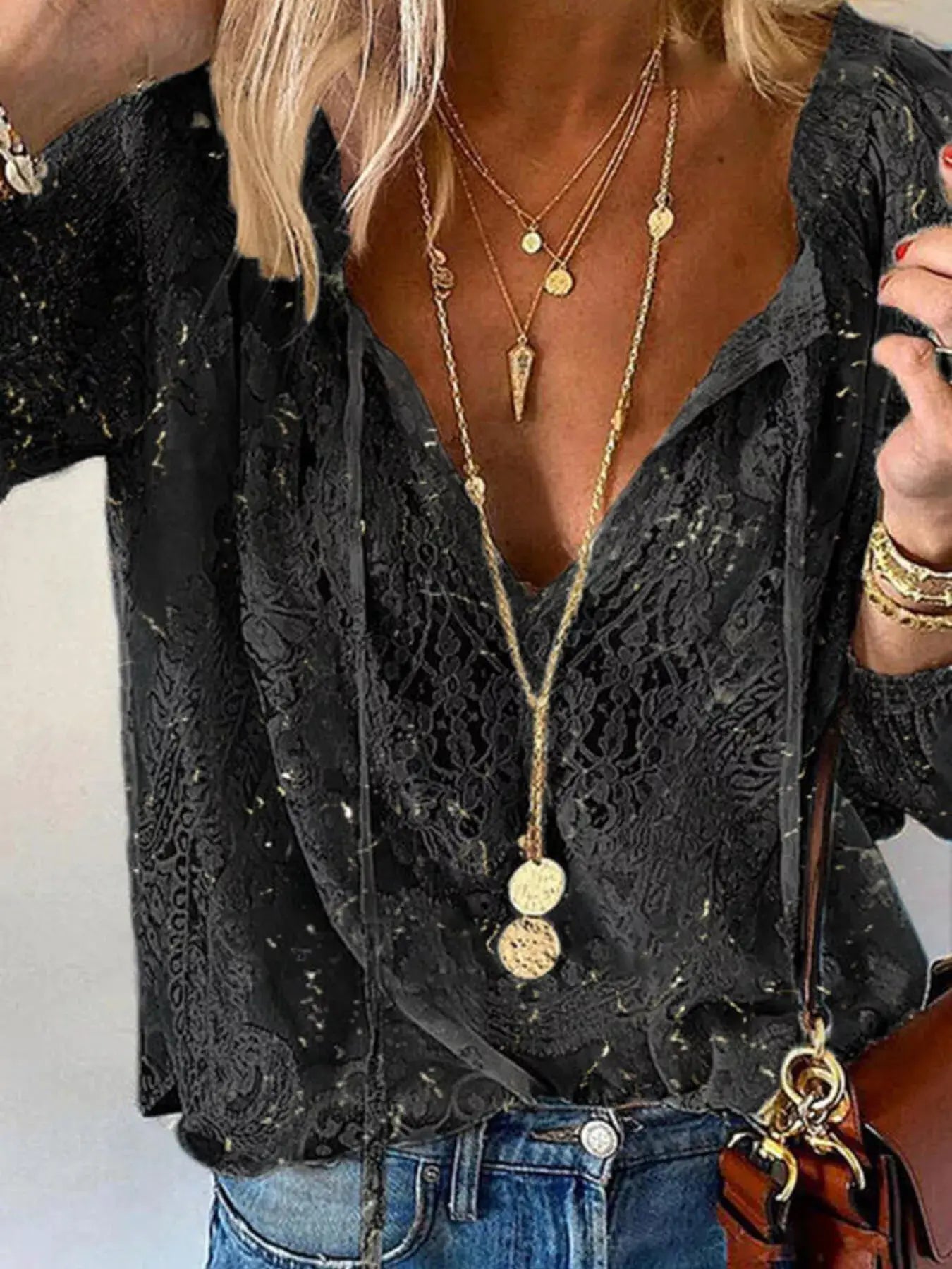 Lace Tie Neck Long Sleeve Blouse by Trendsi