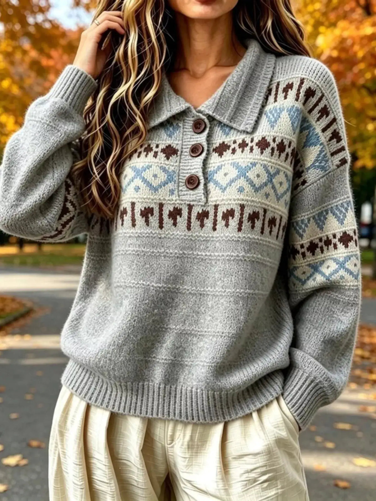 Full Size Vintage Fair Isle Pattern Polo Collar Sweater Plus Size by Trendsi
