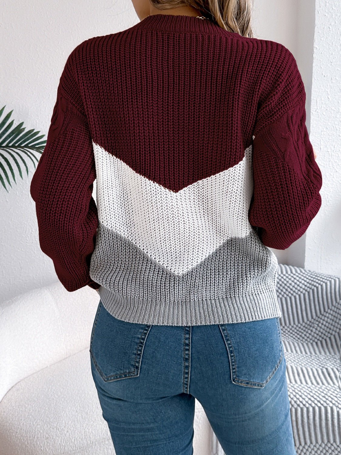 Cable - Knit Color Block Round Neck Sweater - Bitsy Gypsy Boutique