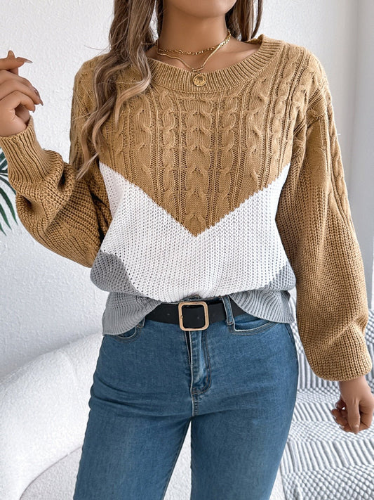 Cable - Knit Color Block Round Neck Sweater - Bitsy Gypsy Boutique