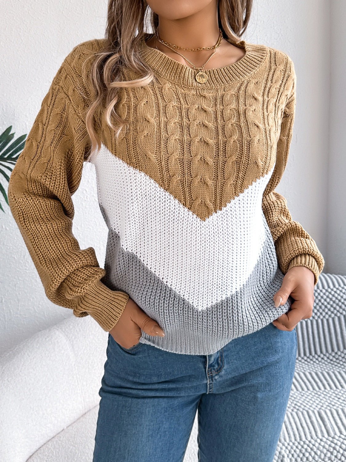 Cable - Knit Color Block Round Neck Sweater - Bitsy Gypsy Boutique