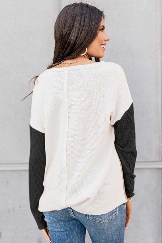 Cable knit color block round neck sweater - Bitsy Gypsy Boutique