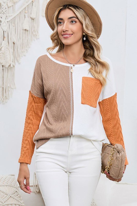 Cable knit color block round neck sweater - Bitsy Gypsy Boutique