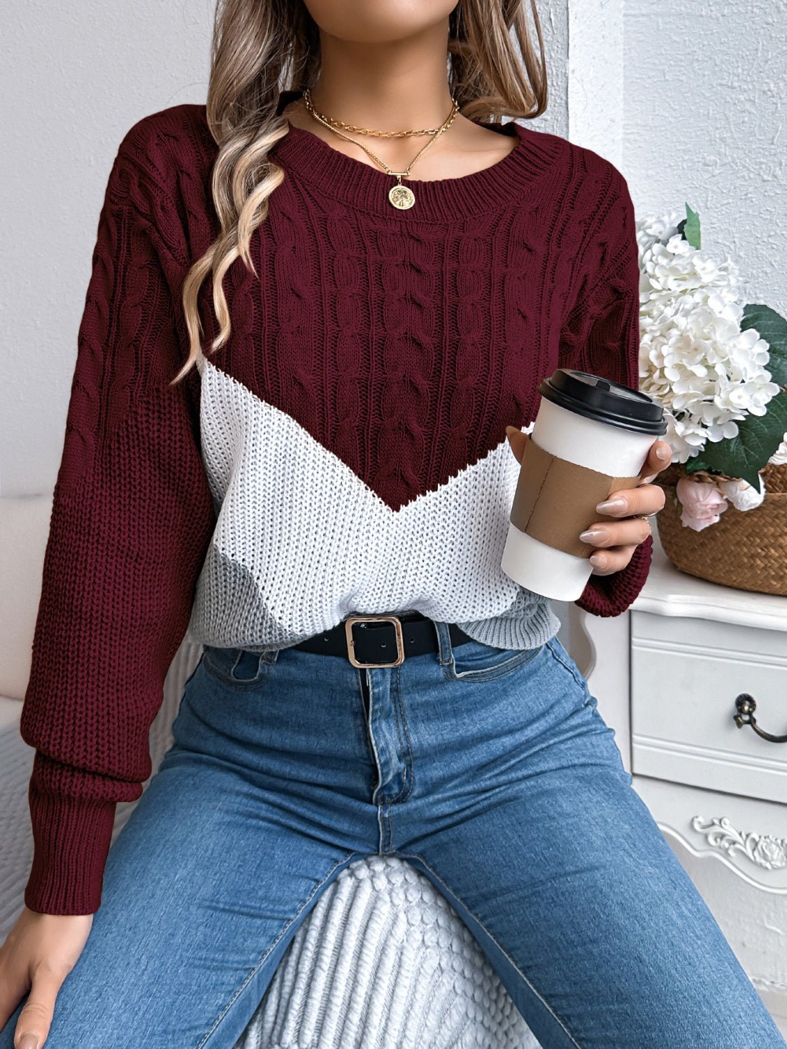 Cable - Knit Color Block Round Neck Sweater - Bitsy Gypsy Boutique