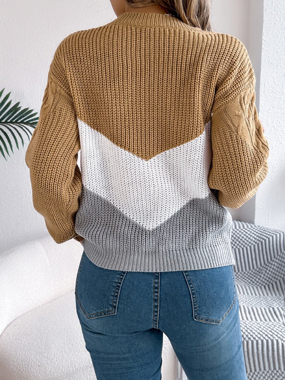 Cable - Knit Color Block Round Neck Sweater - Bitsy Gypsy Boutique