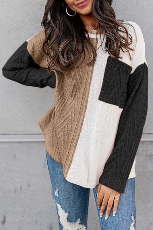 Cable knit color block round neck sweater - Bitsy Gypsy Boutique