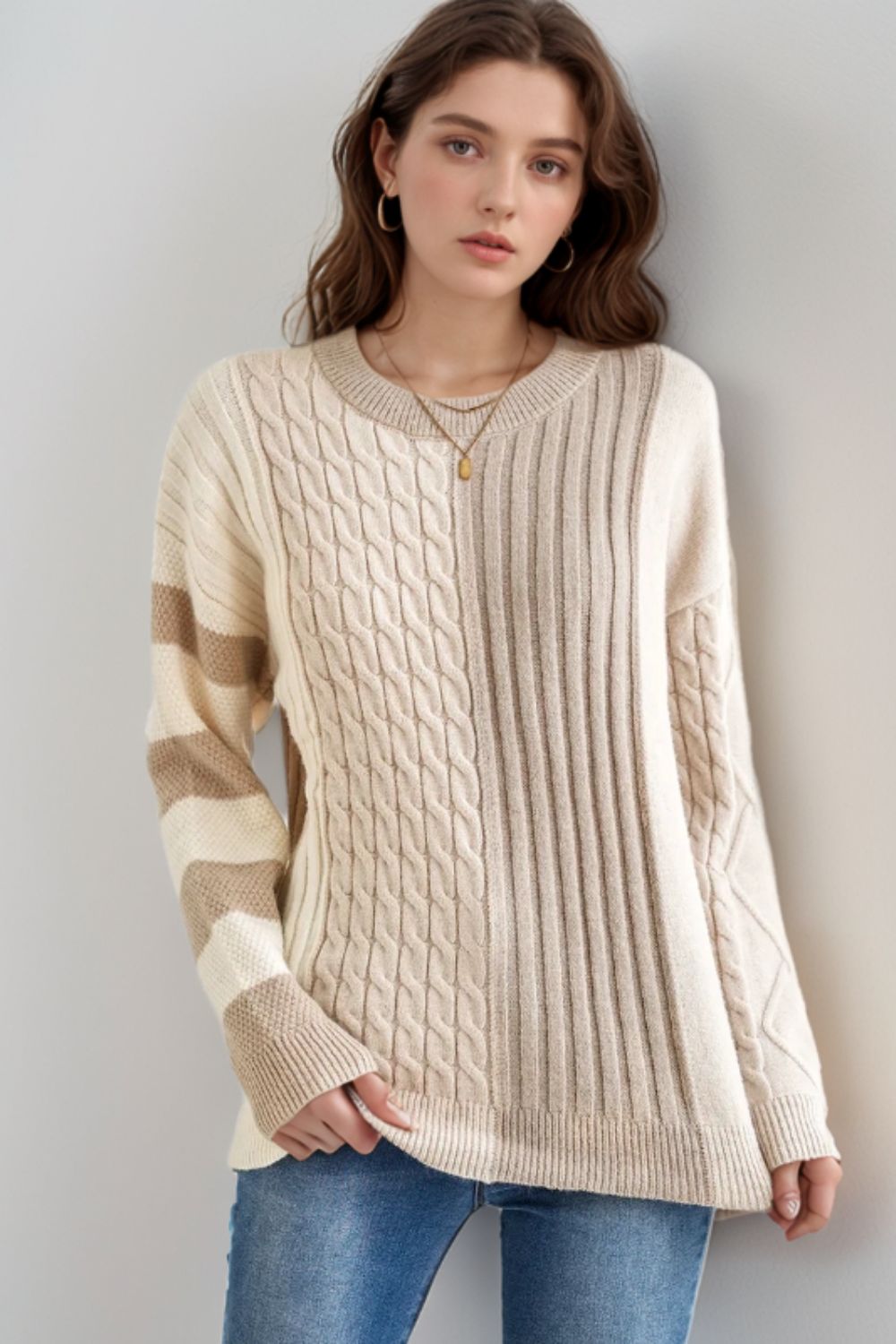 Cable - Knit Color Block Round Neck Sweater - Bitsy Gypsy Boutique