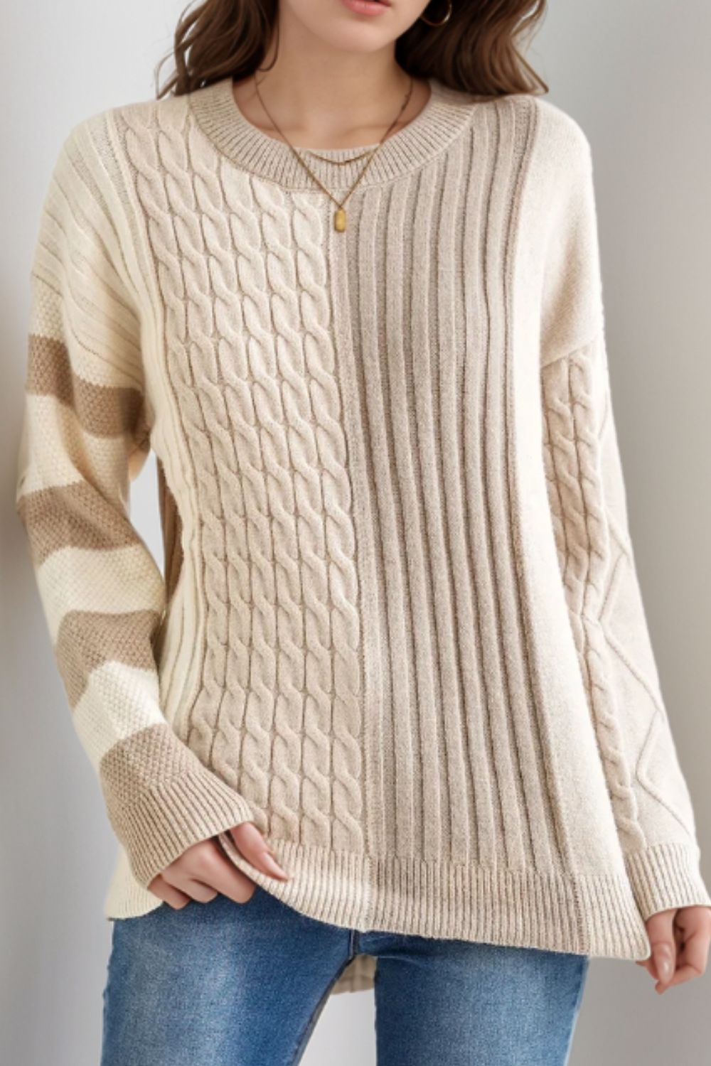 Cable - Knit Color Block Round Neck Sweater - Bitsy Gypsy Boutique