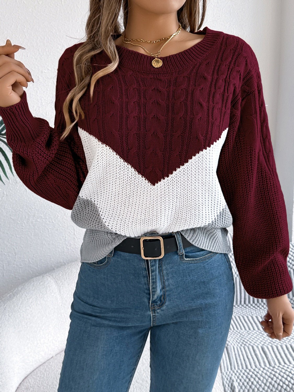 Cable - Knit Color Block Round Neck Sweater - Bitsy Gypsy Boutique