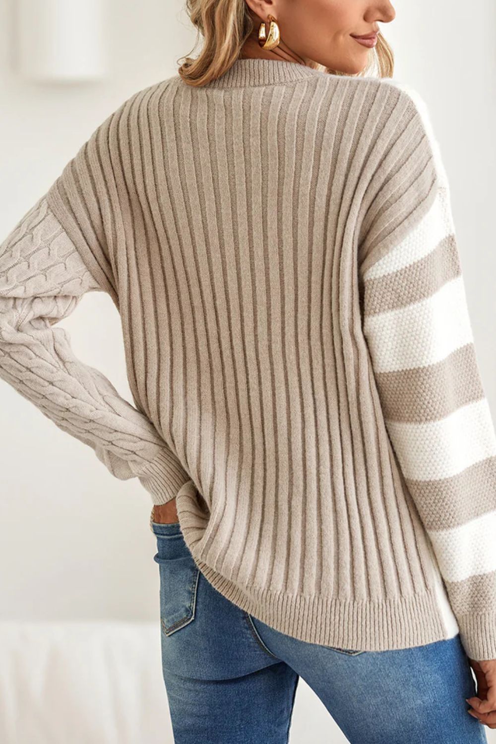 Cable - Knit Color Block Round Neck Sweater - Bitsy Gypsy Boutique