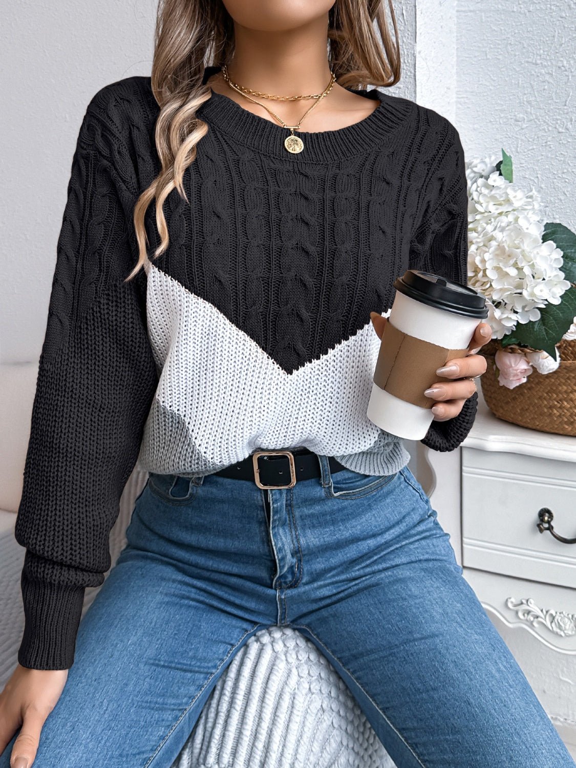 Cable - Knit Color Block Round Neck Sweater - Bitsy Gypsy Boutique