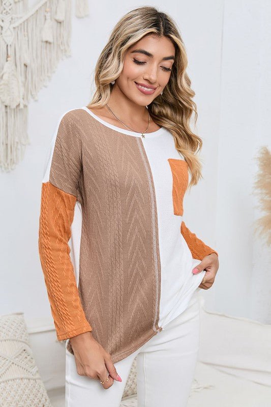 Cable knit color block round neck sweater - Bitsy Gypsy Boutique