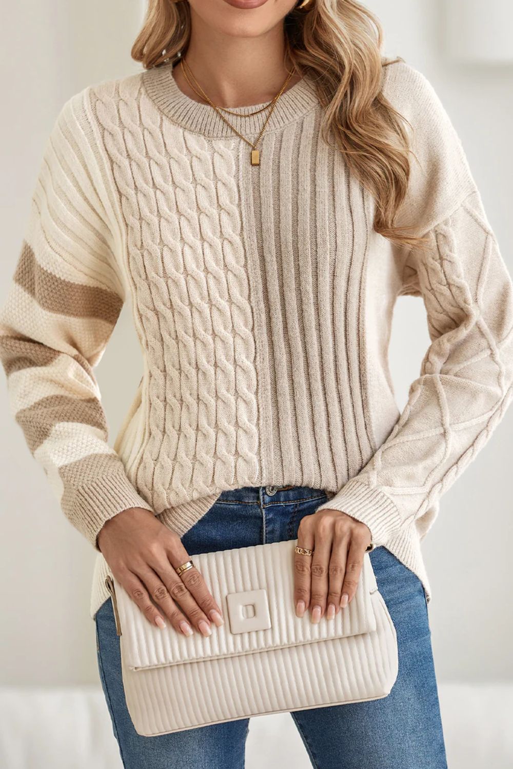 Cable - Knit Color Block Round Neck Sweater - Bitsy Gypsy Boutique