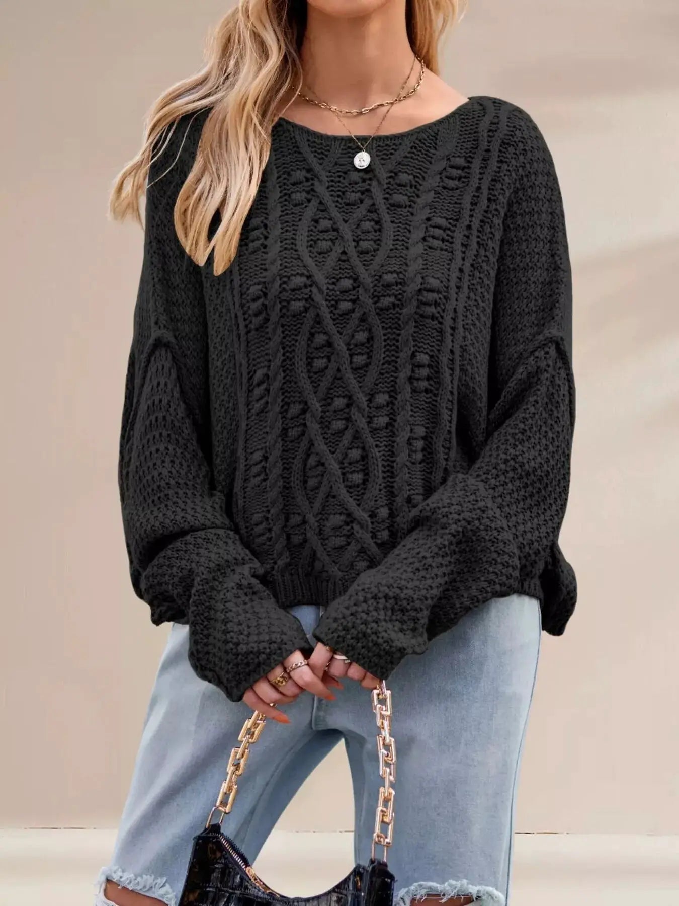 Cable Knit Dropped Shoulder Sweater by Trendsi