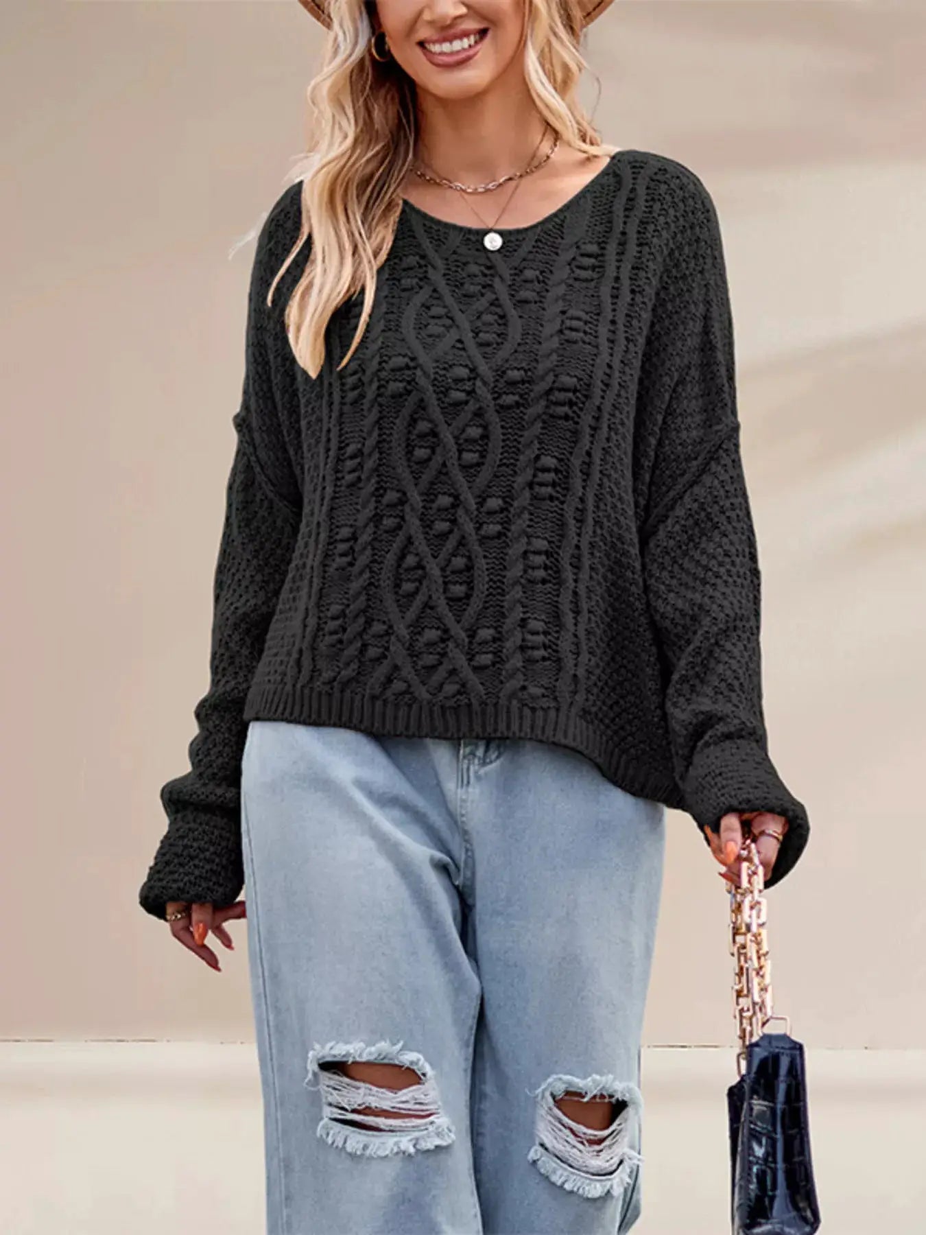 Cable Knit Dropped Shoulder Sweater by Trendsi
