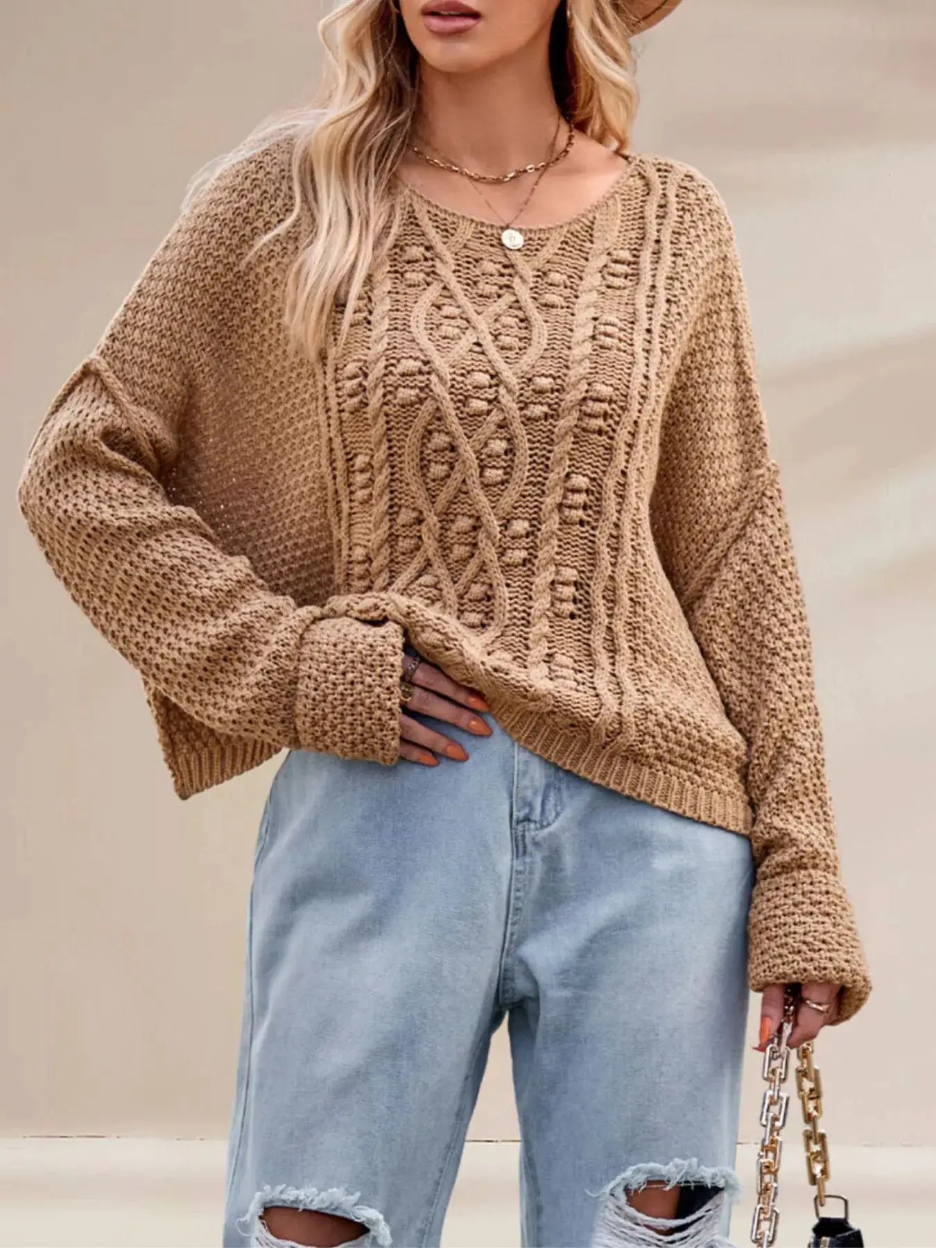 Cable Knit Dropped Shoulder Sweater by Trendsi