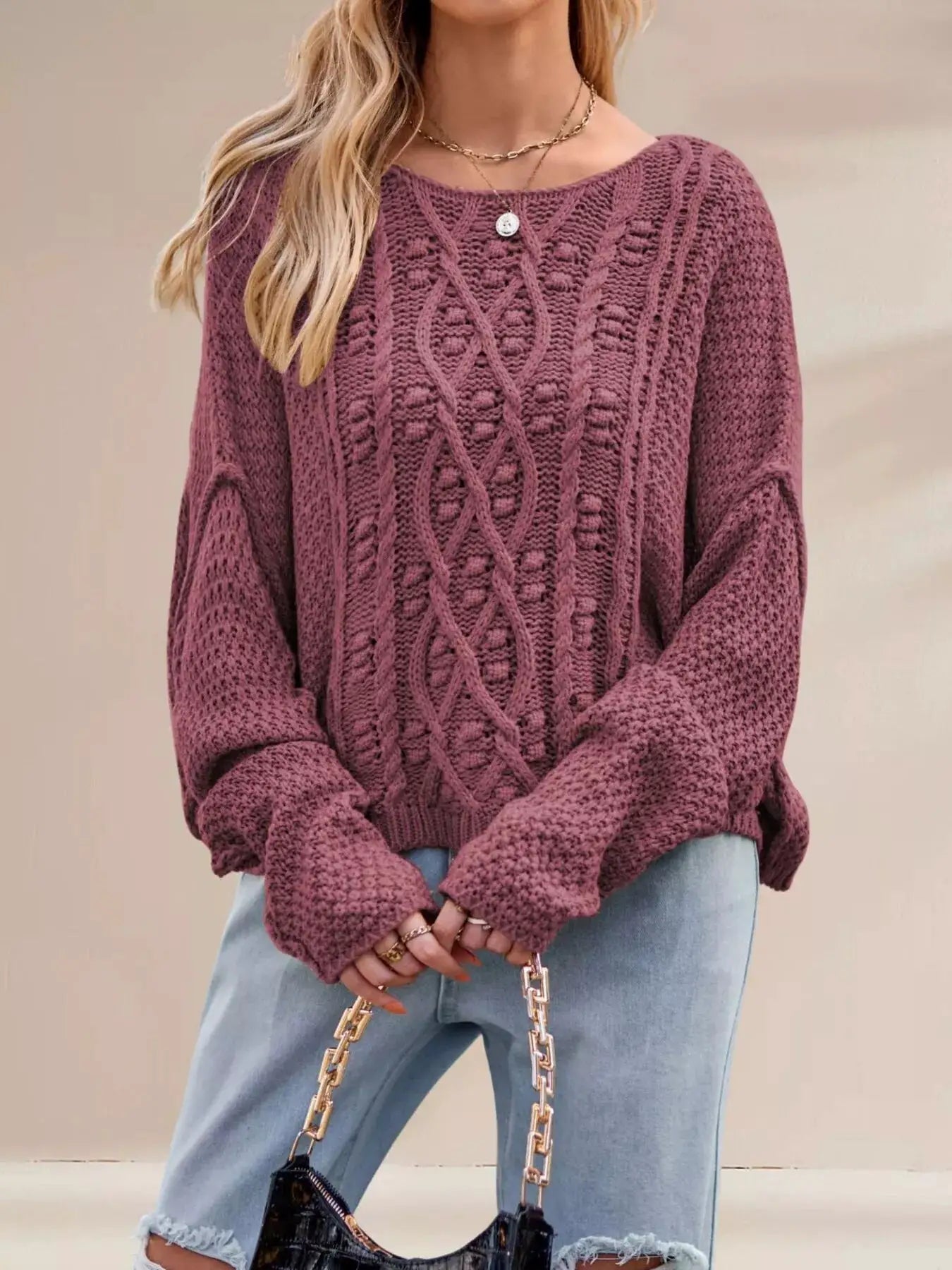 Cable Knit Dropped Shoulder Sweater by Trendsi