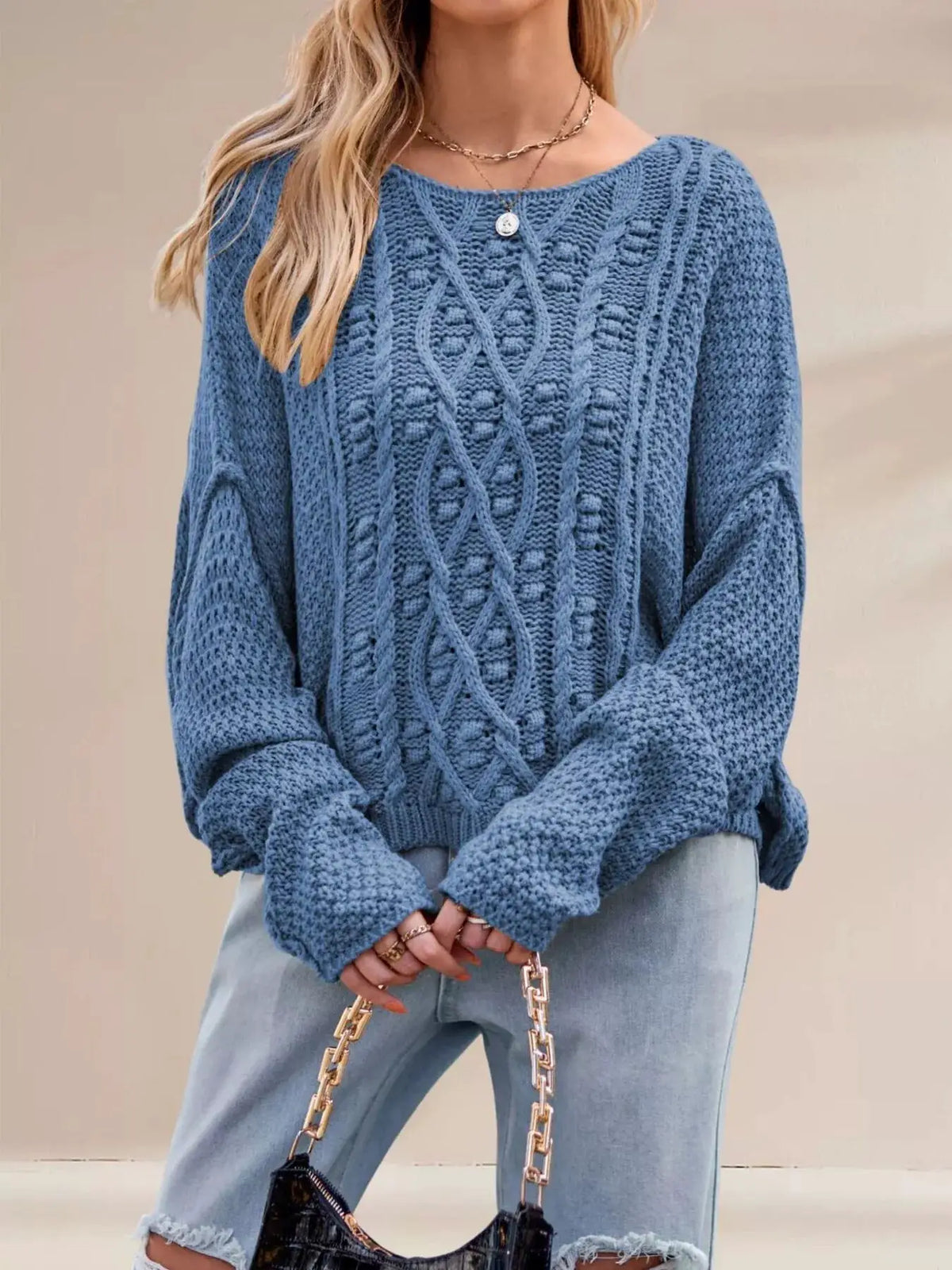 Cable Knit Dropped Shoulder Sweater by Trendsi