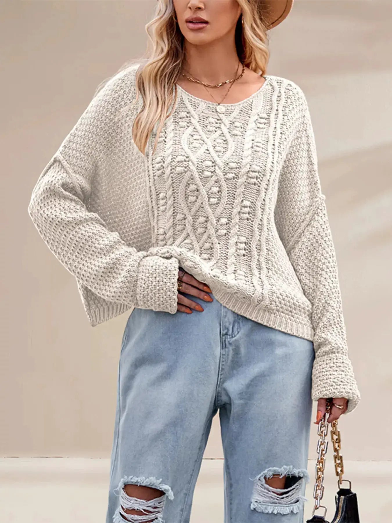 Cable Knit Dropped Shoulder Sweater by Trendsi