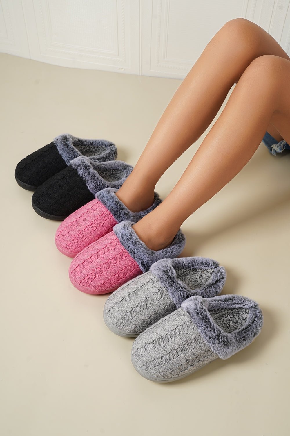 Cable - Knit Fluff Round Toe Slippers - Bitsy Gypsy Boutique