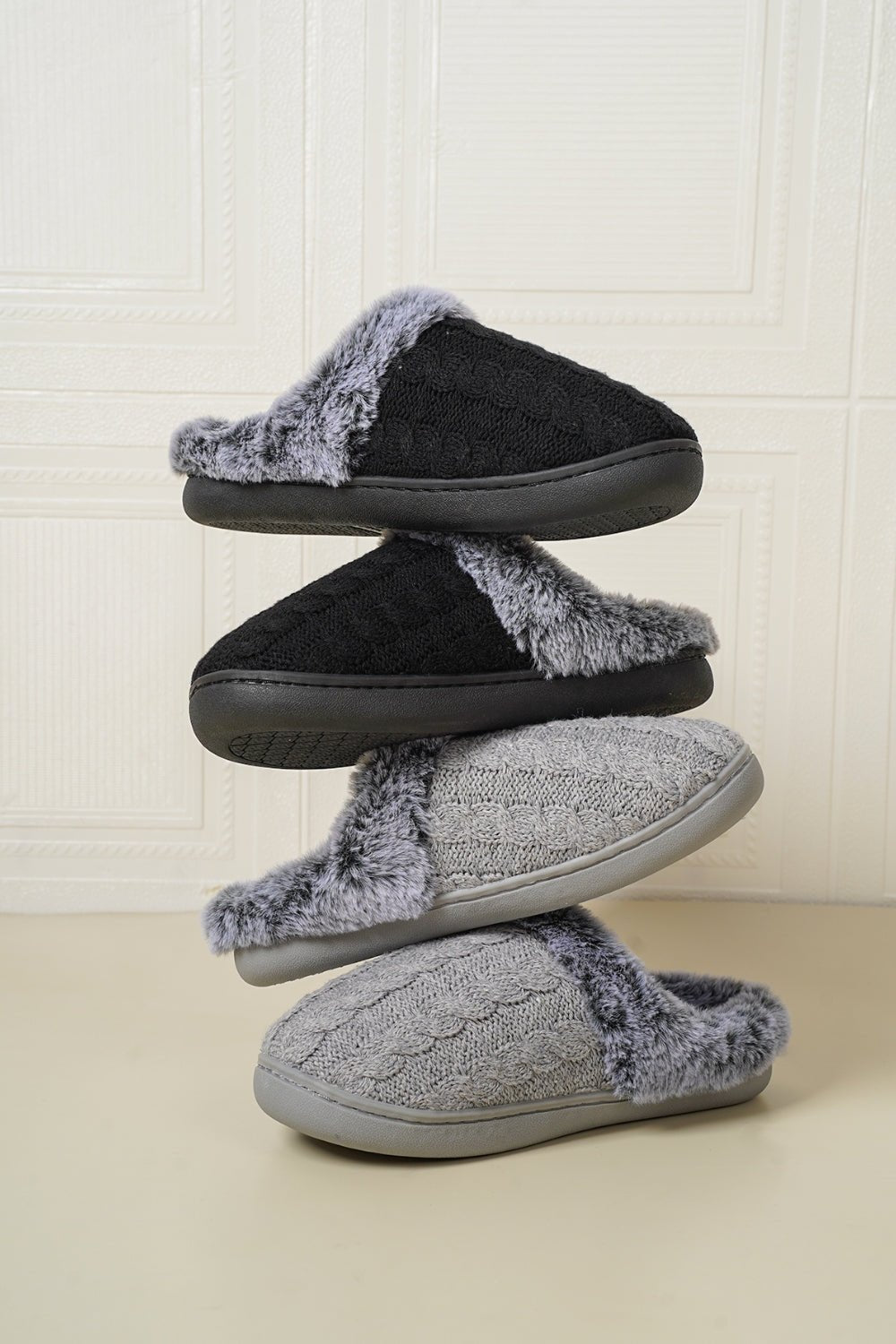 Cable - Knit Fluff Round Toe Slippers - Bitsy Gypsy Boutique