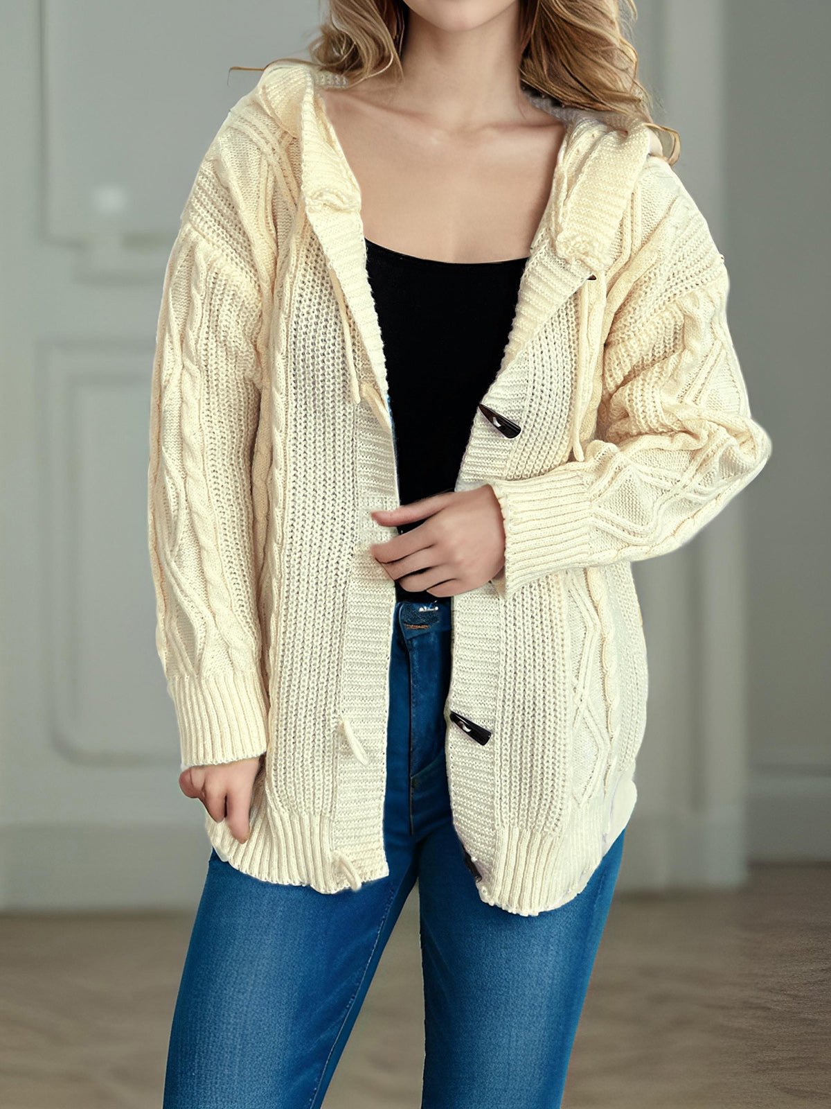 Cable - Knit Long Sleeve Hooded Cardigan - Bitsy Gypsy Boutique