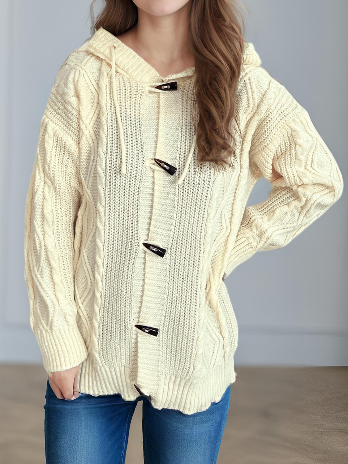 Cable - Knit Long Sleeve Hooded Cardigan - Bitsy Gypsy Boutique