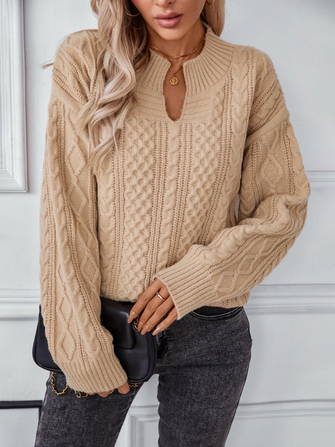 Cable - Knit Notched Long Sleeve Sweater - Bitsy Gypsy Boutique