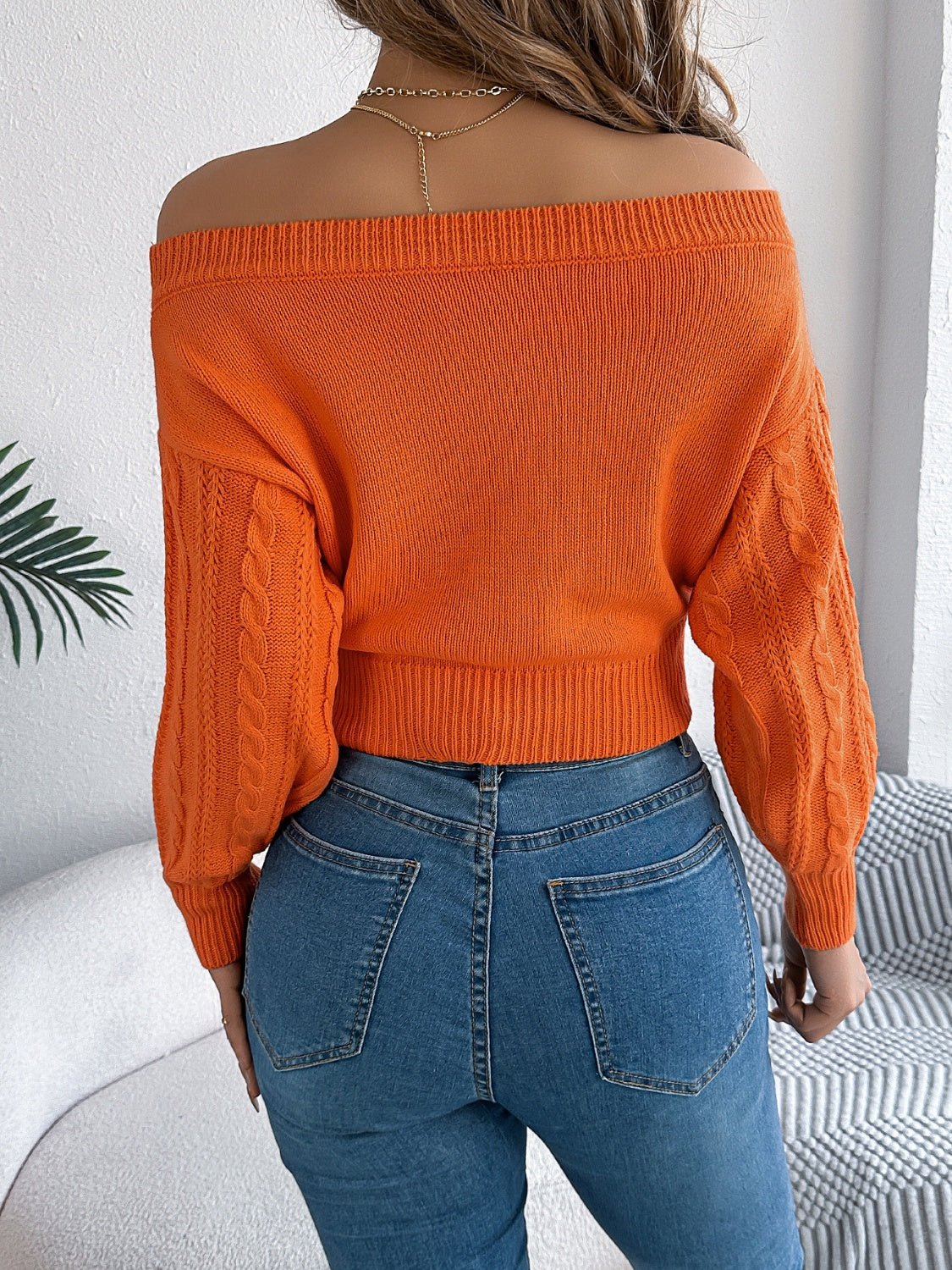 Cable Knit Off - Shoulder Long Sleeve Sweater - Bitsy Gypsy Boutique