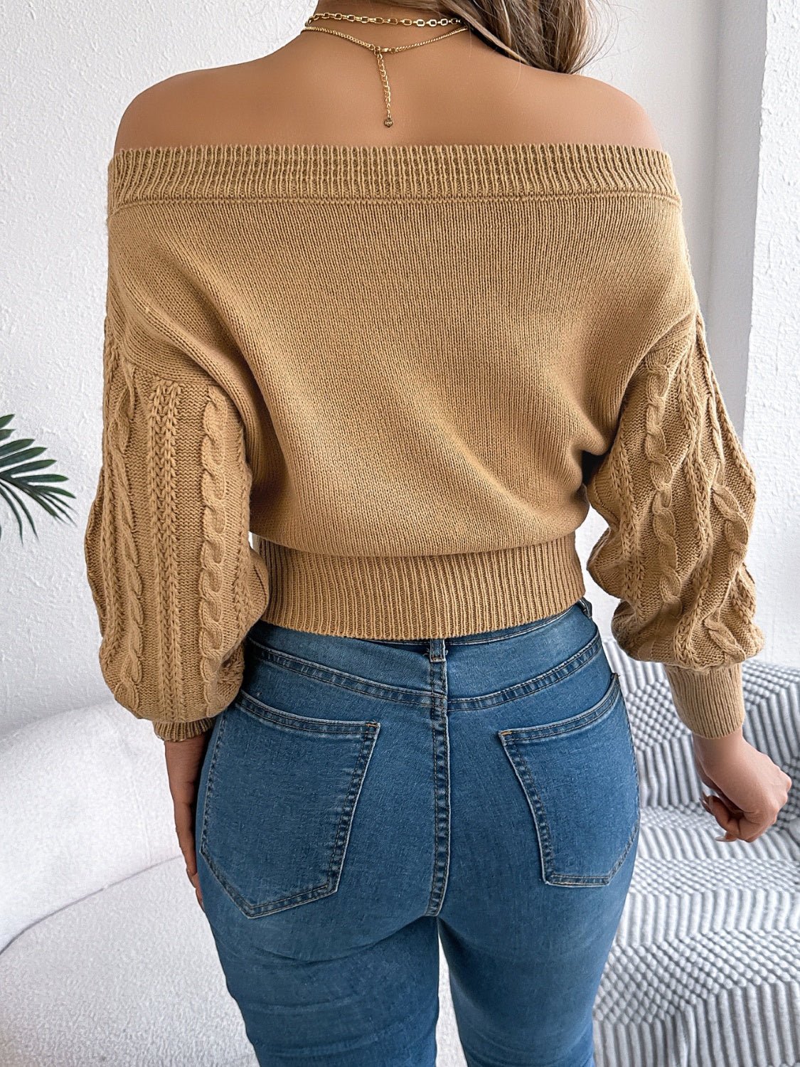 Cable Knit Off - Shoulder Long Sleeve Sweater - Bitsy Gypsy Boutique