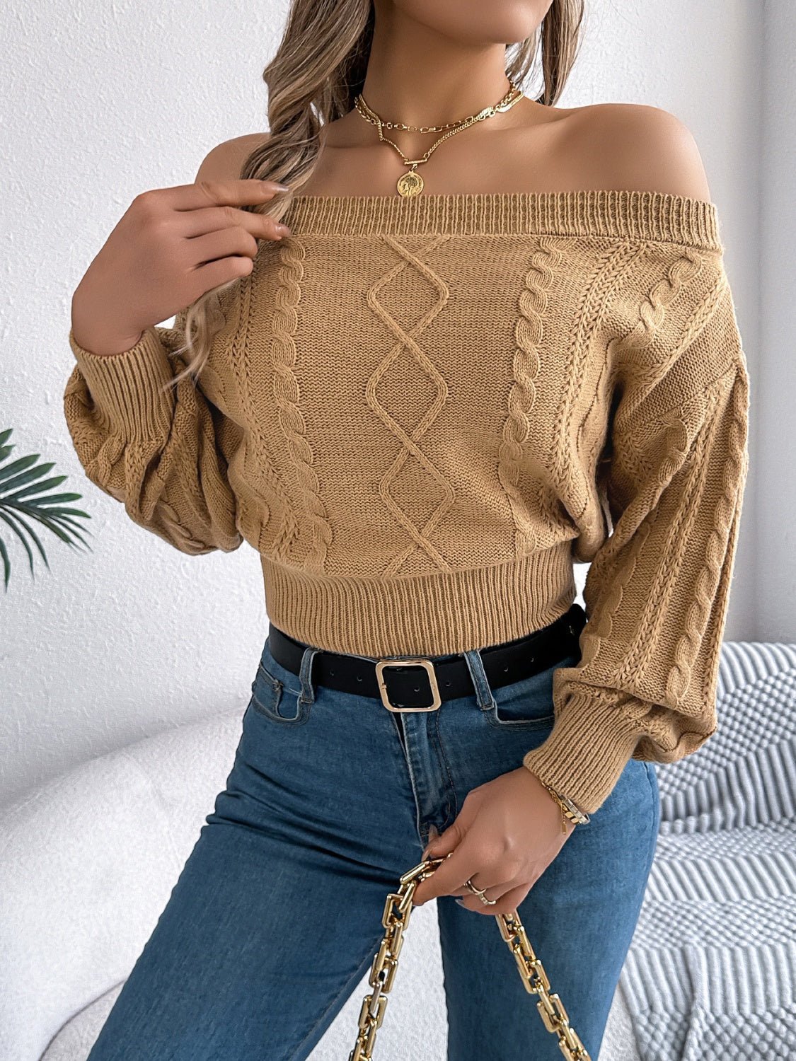 Cable Knit Off - Shoulder Long Sleeve Sweater - Bitsy Gypsy Boutique