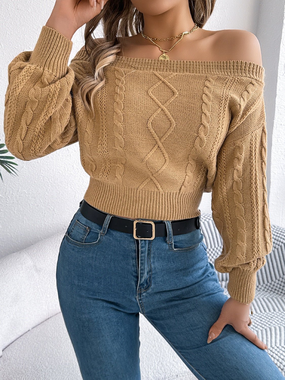 Cable Knit Off - Shoulder Long Sleeve Sweater - Bitsy Gypsy Boutique