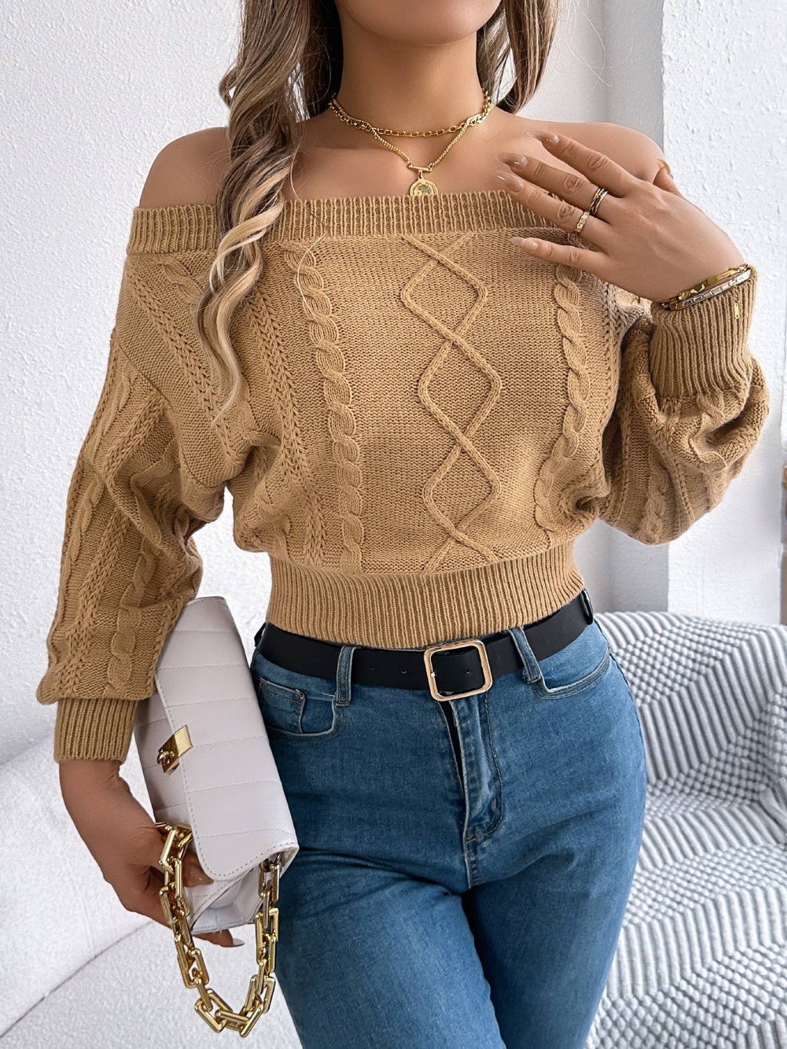 Cable Knit Off - Shoulder Long Sleeve Sweater - Bitsy Gypsy Boutique