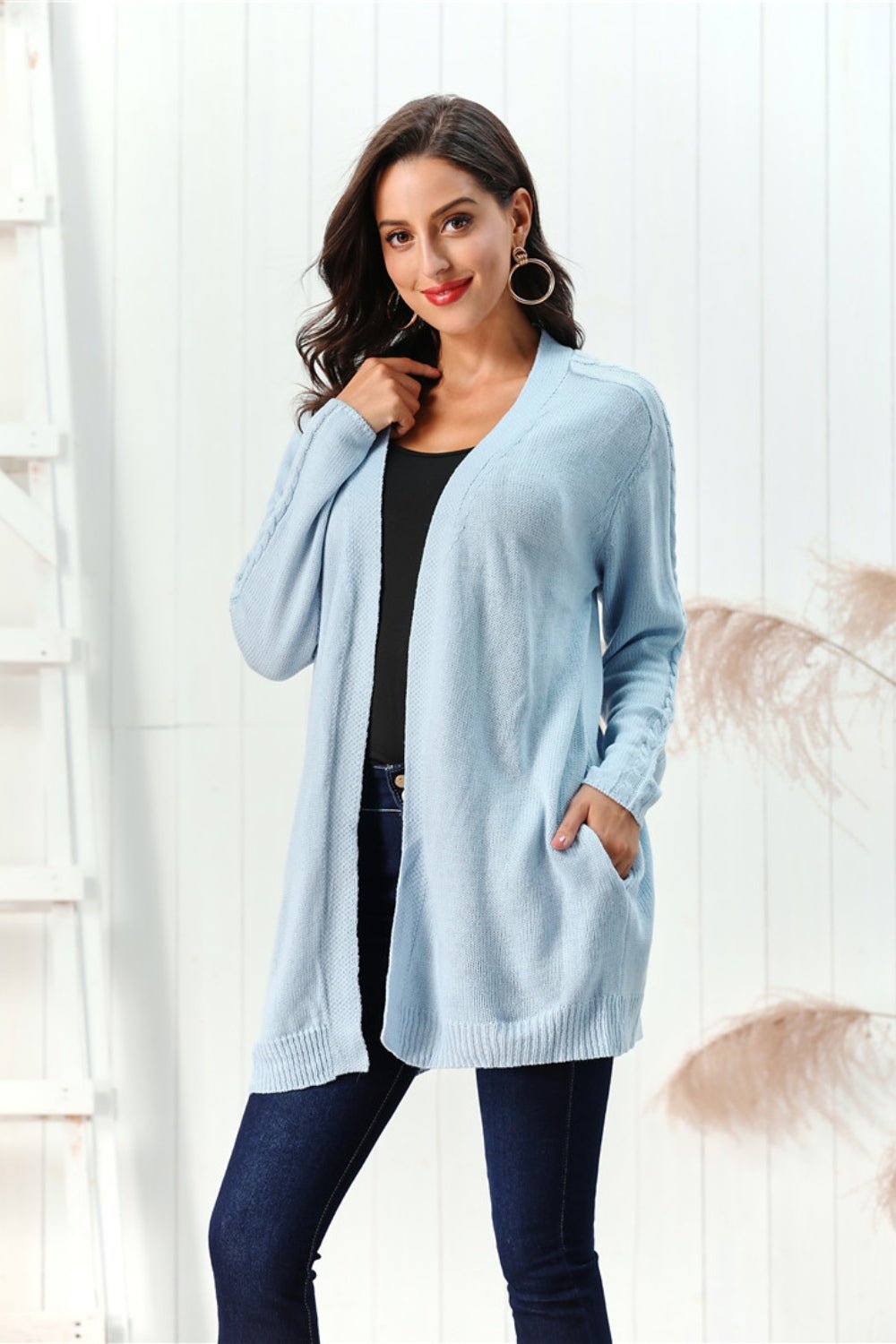 Cable - Knit Open Front Long Sleeve Cardigan - Bitsy Gypsy Boutique