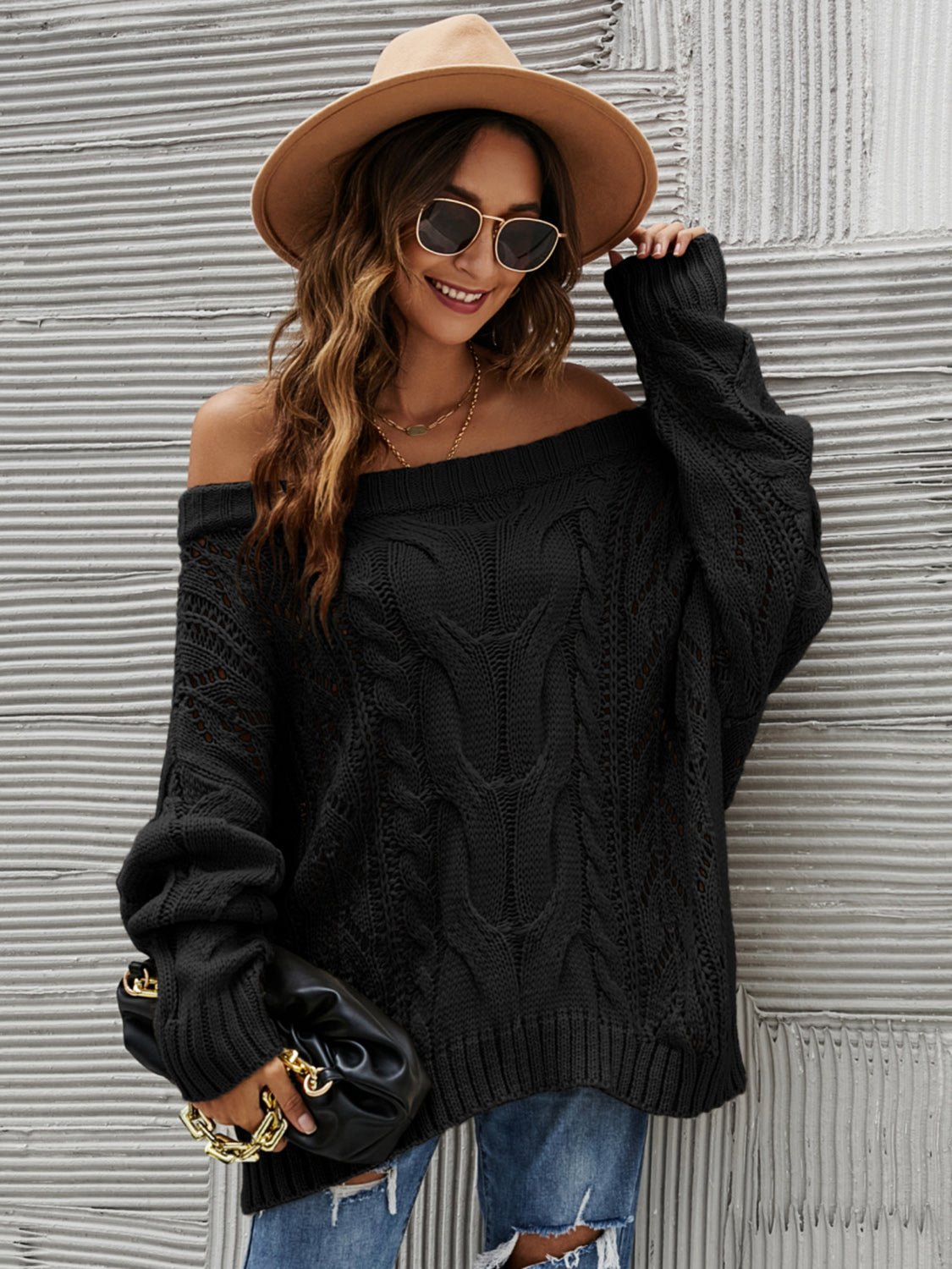 Cable Knit Openwork Off - Shoulder Sweater - Bitsy Gypsy Boutique