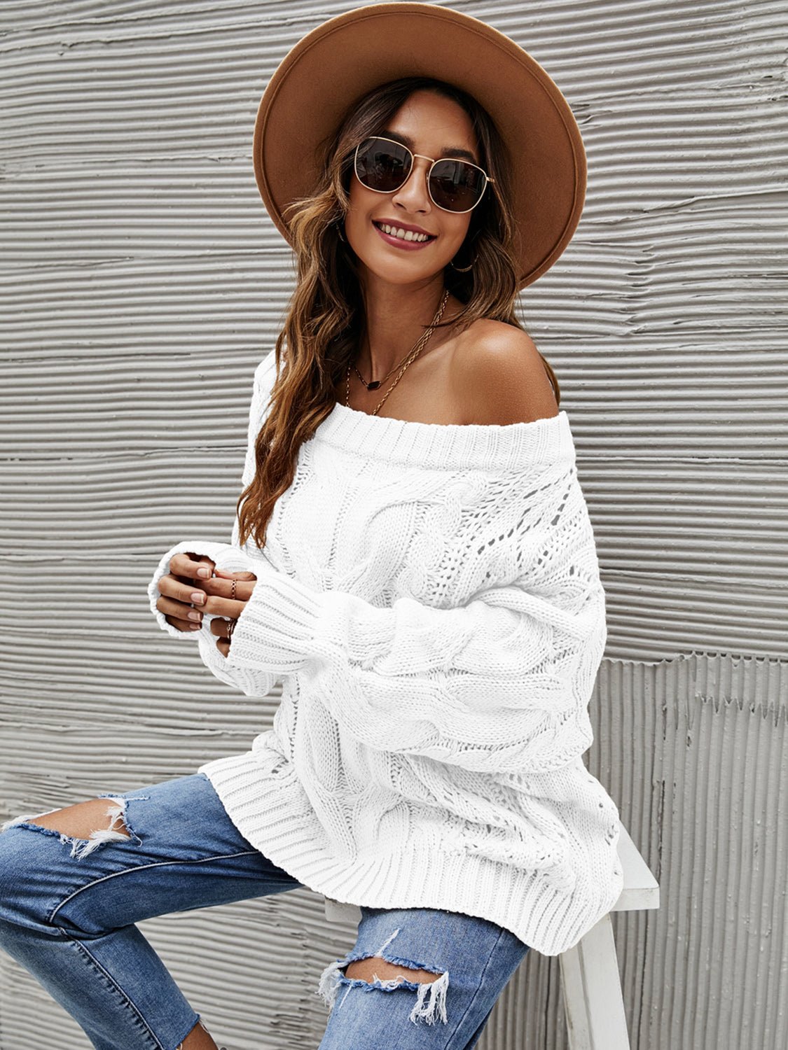 Cable Knit Openwork Off - Shoulder Sweater - Bitsy Gypsy Boutique