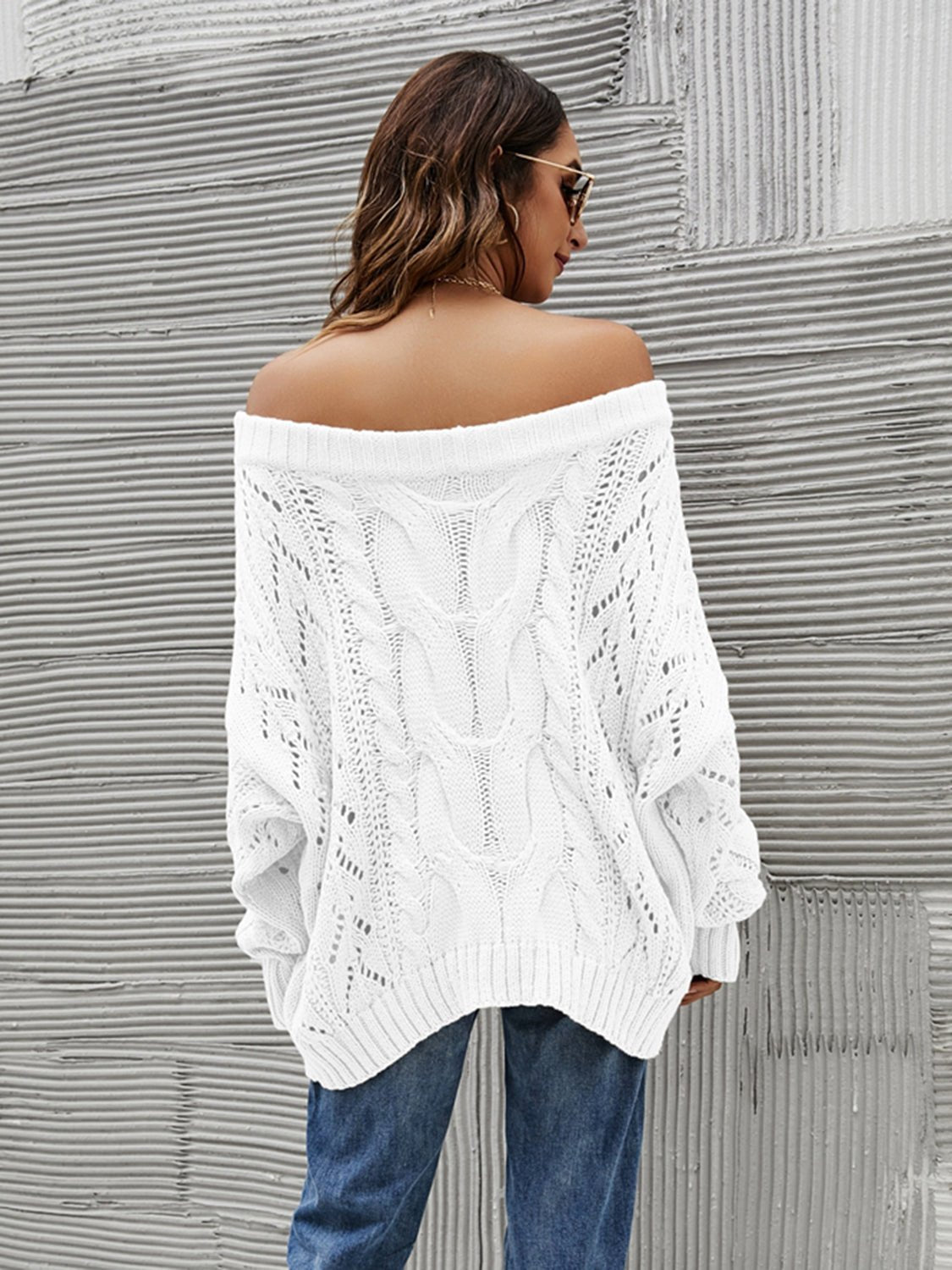 Cable Knit Openwork Off - Shoulder Sweater - Bitsy Gypsy Boutique