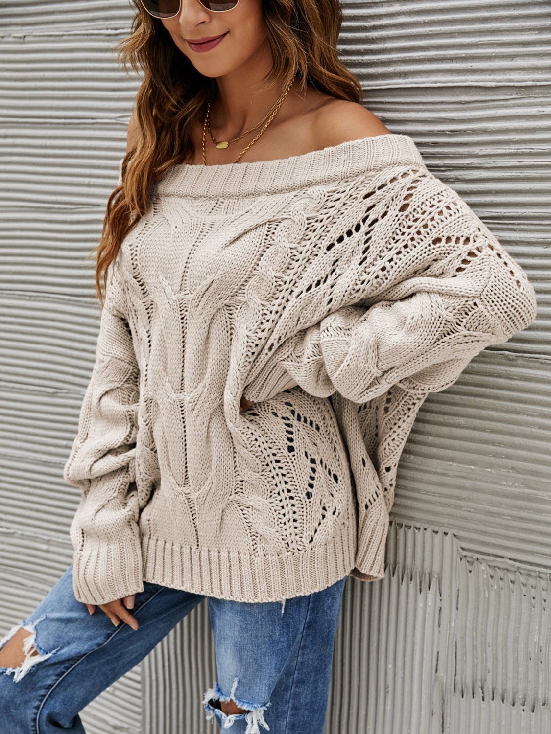 Cable Knit Openwork Off - Shoulder Sweater - Bitsy Gypsy Boutique