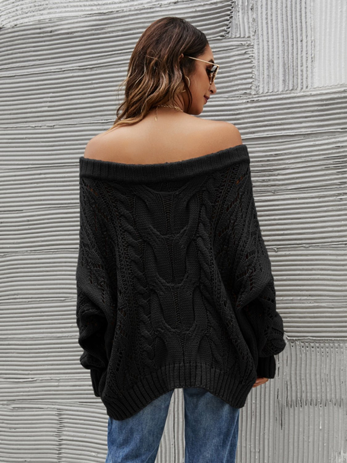 Cable Knit Openwork Off - Shoulder Sweater - Bitsy Gypsy Boutique