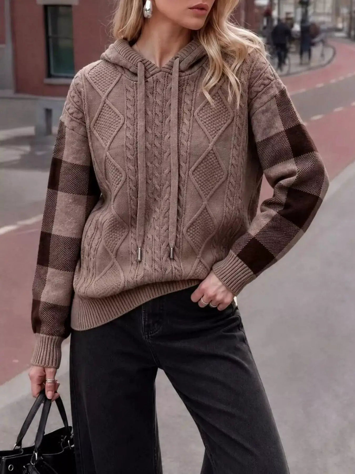 Cable-Knit Plaid Sleeves Hooded Sweater - Bitsy Gypsy Boutique