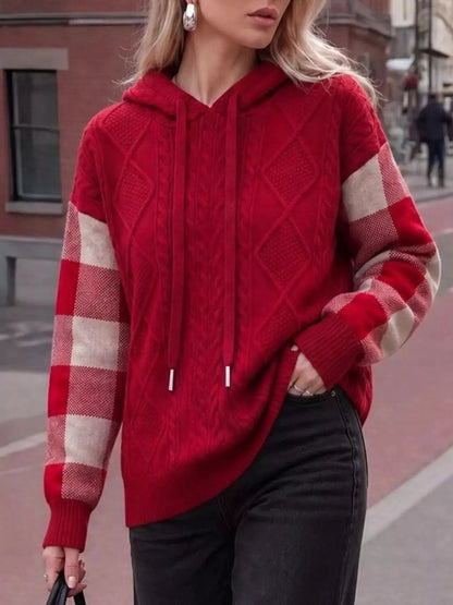 Cable-Knit Plaid Sleeves Hooded Sweater - Bitsy Gypsy Boutique