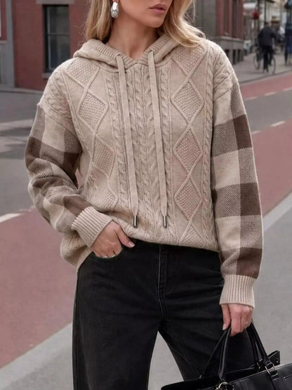 Cable-Knit Plaid Sleeves Hooded Sweater - Bitsy Gypsy Boutique