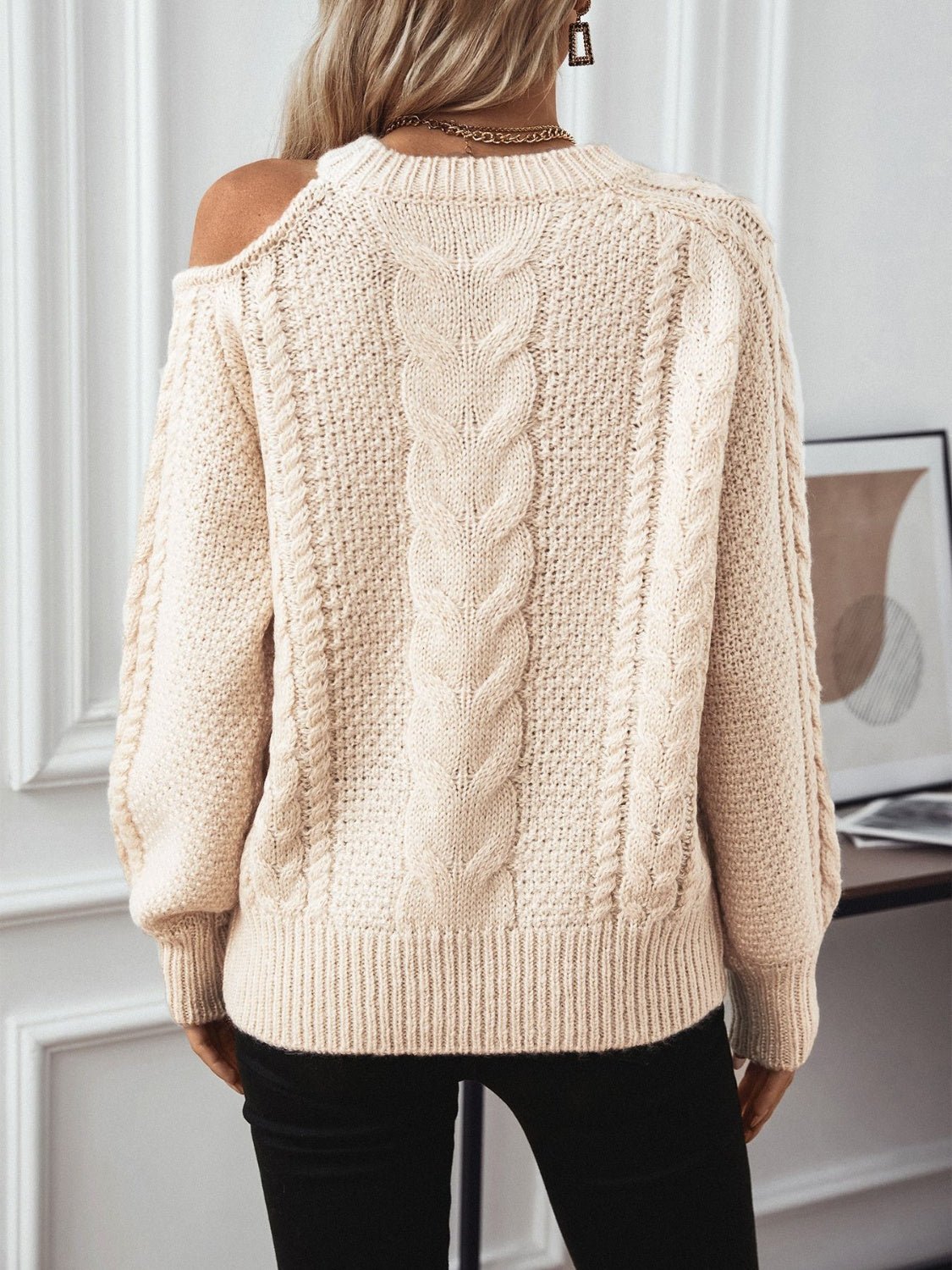 Cable Knit Round Neck Cold Shoulder Sweater - Bitsy Gypsy Boutique