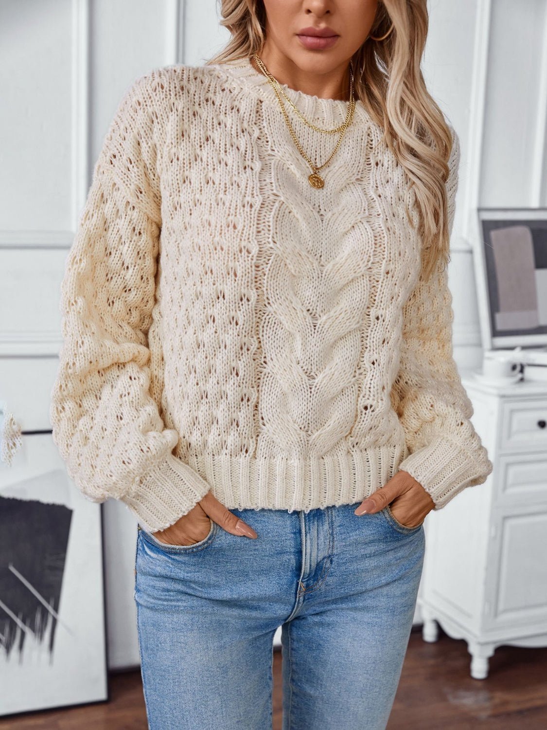 Cable - Knit Round Neck Long Sleeve Sweater - Bitsy Gypsy Boutique