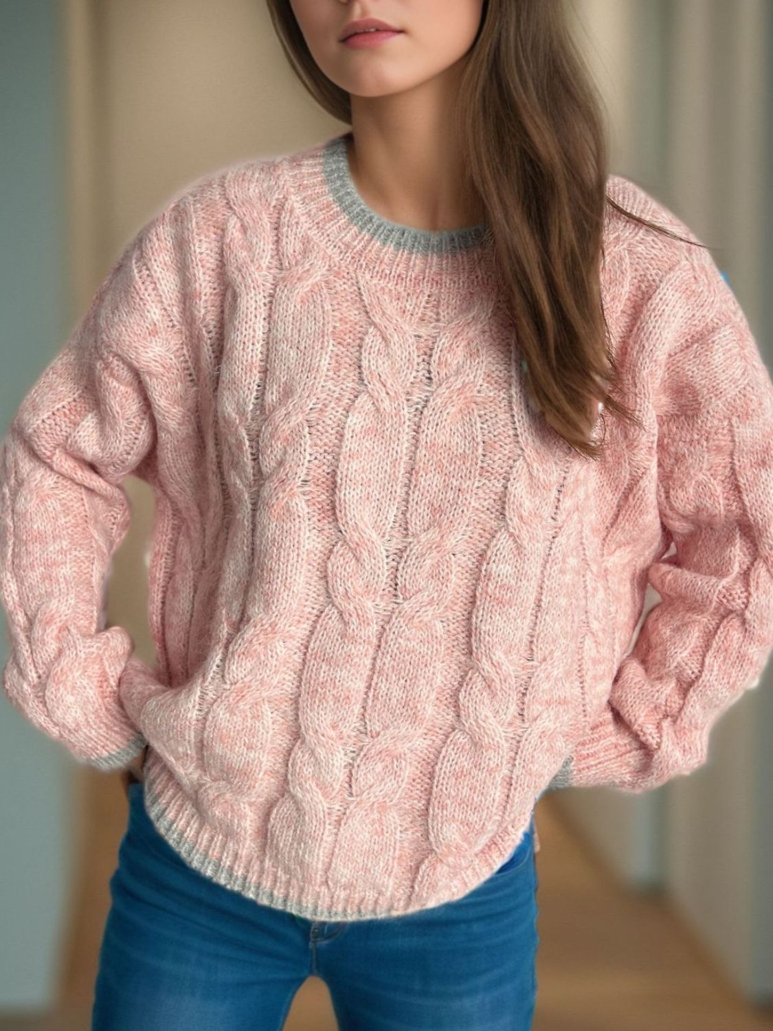 Cable Knit Round Neck Long Sleeve Sweater - Bitsy Gypsy Boutique